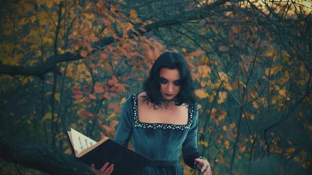 Medieval fantasy woman witch, hand waving casting spell. Magical black thick smoke, fog from vat. lady queen blue velvet long vintage dress silk cape. Autumn nature dark gothic forest branches tree 