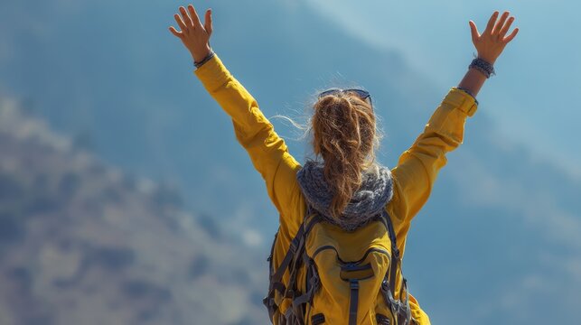 A joyful hiker celebrating their achievement atop a mountain, surrounded by breathtaking views and clear skies.