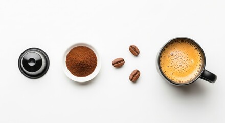 Coffee preparation process from capsule to brewed beverage in a black mug