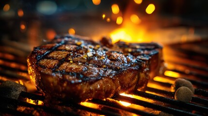 A juicy grilled steak sizzling over charcoal, emanating smoke and flavor, perfect for barbeque lovers.