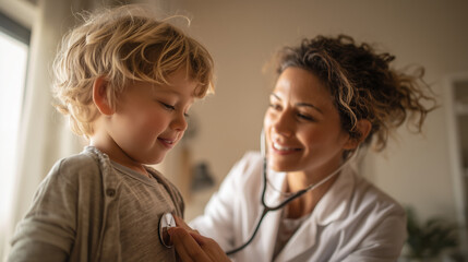 A cheerful doctor examining a young child with a stethoscope in a bright and friendly clinic, both smiling during the medical check-up.