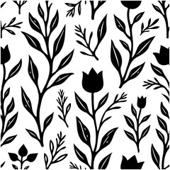 Seamless floral pattern with stylized plants and flowers in black and white vector