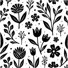 Elegant Seamless Pattern: Black and White Botanical Vector Design with Floral Elements