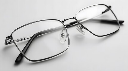 Modern Metal Eyeglasses with Clear Lenses on White Surface