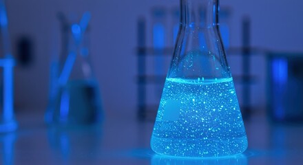 A conical flask filled with glowing blue liquid