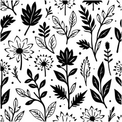 Elegant floral vector pattern featuring black and white botanical elements artwork
