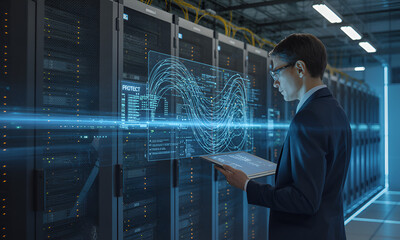 Data center specialist analyzing digital information flow using advanced technology in a server room
