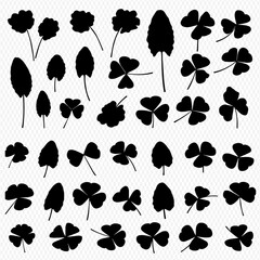 Collection of black silhouette clover and leaf illustrations for graphic design projects and botanical themed designs.