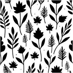 Floral silhouette pattern vector design with botanical elements, leaves and flowers