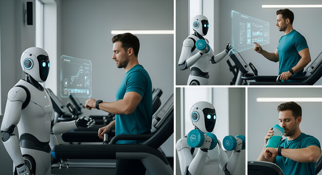 Futuristic fitness concept: a man training with a robot in a gym setting