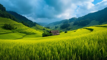 Rural landscape with green fields mountains and clouds