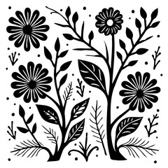 Floral arrangement of flowers and branches in a black and white monochrome illustration