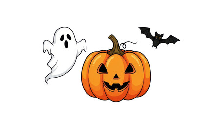 Ghost and Bat with Pumpkin, Spooky Scene, Digital Illustration