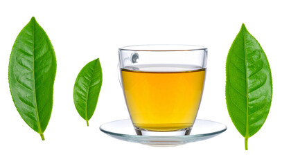 A cup of brewed tea sits next to fresh tea leaves, showcasing the beverage's natural ingredients against a dark backdrop, transparent background