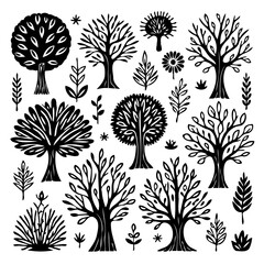 Elegant Black and White Trees Illustration Vector Design, A Collection of Artistic Tree