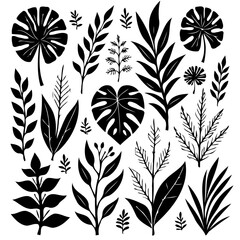 Silhouetted Botanical Collection: A Versatile Set of Black and White Floral Elements