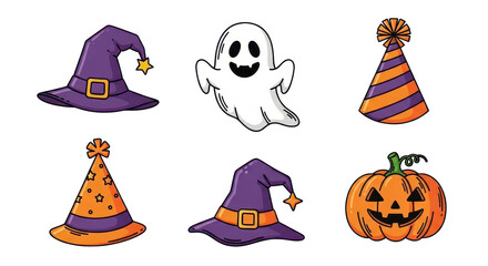 Ghosts, Hats, and Pumpkins in Colorful Illustrations
