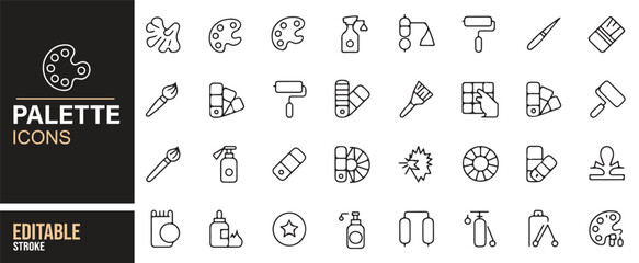 Art Palette and Painting Tools Icons Set Featuring Brushes, Paints, and Art Supplies
