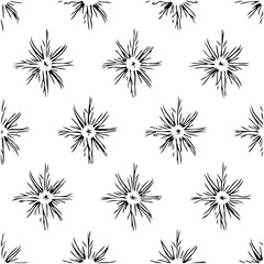 Abstract floral pattern with spiky blossoms, hand drawn in black and white