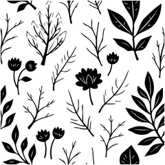 Elegant botanical pattern with floral and foliage elements in black and white