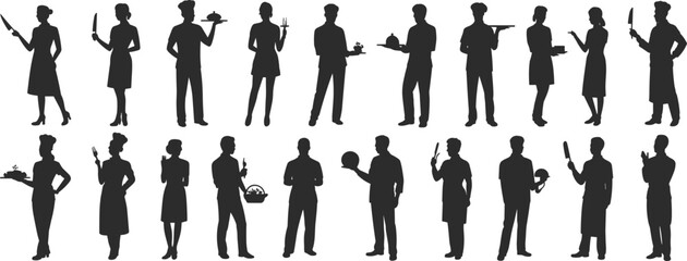 Silhouette collection of chefs and restaurant staff holding kitchen tools, food trays, and dishes, cooking and hospitality concept, isolated on white background vector