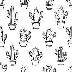 Fototapeta premium Hand-drawn Cacti in Pots Seamless Pattern: Black and White Botanical Illustration