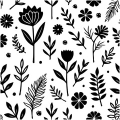 Seamless botanical pattern with hand-drawn floral elements in monochrome style