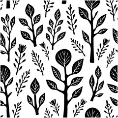 Botanical Black and White Vector Pattern: Aesthetic Seamless Nature Illustration