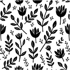 Elegant Seamless Pattern: Stylized Floral and Leaf Motifs in Black and White Design