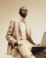 Modern professional man in plaid suit using laptop in neutral-toned setting