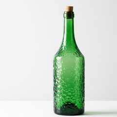 Textured green glass bottle with cork stopper isolated on white background