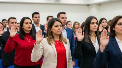 Diverse group of people participate in swearing-in ceremony with raised hands.