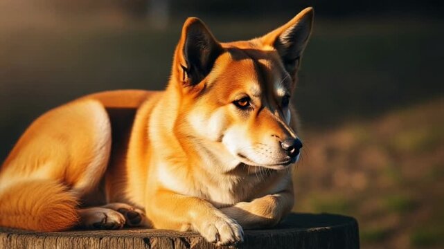 Dingo resting on a wooden post in golden hour light.
