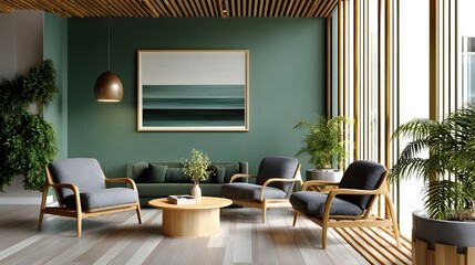 Contemporary Living Room Design Featuring Green Walls, Wooden Furniture, and Stylish Decor