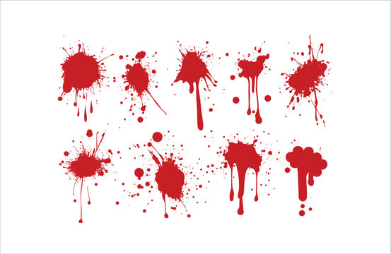 Ten uniquely shaped red blood splatters are arranged on a plain white background