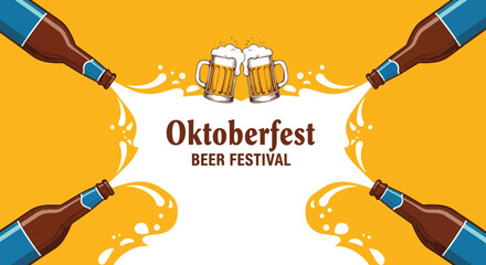 Oktoberfest beer festival featuring beer bottles pouring beer and two frothy mugs displayed on a yellow background