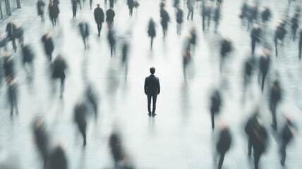 A single person standing still in a crowd of blurred people rushing past. Concept of mental overload and disconnection.