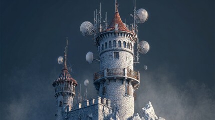 Naklejka premium Fantasy castle on mountain peak with floating balloons and antennas, mystical and surreal atmosphere, dramatic sky backdrop