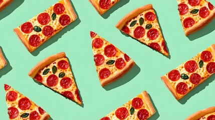 Assorted Pepperoni Pizza Slices Arranged in a Vibrant Pattern on a Mint Green Background