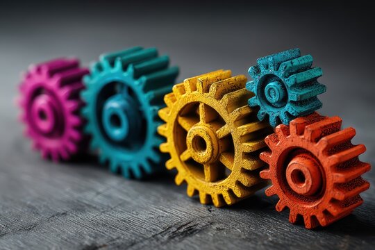 Colorful gears on wooden plank in a row against blurry backdrop, concept of teamwork