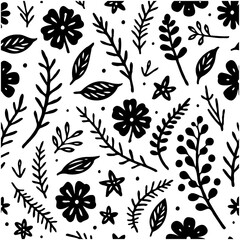 Fototapeta premium Floral vector pattern background, with hand-drawn flowers, leaves and branches design