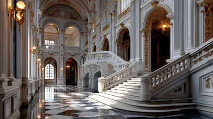 Fototapeta premium Elegant Historical Interior with Grand Staircase and Ornate Design in a Luxurious Building