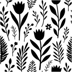 Elegant floral pattern in black and white with a minimalist botanical design