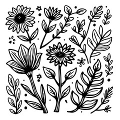 Elegant floral drawing illustration with detailed line work, perfect for crafts