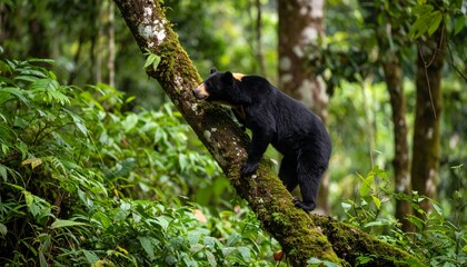 Fototapeta premium Sun bear climbing a mossy forest tree