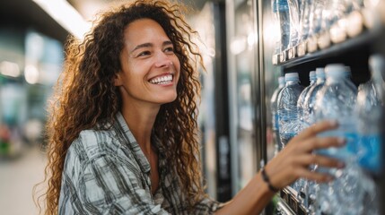 Smiling woman chooses bottled water from a vending machine in a bright, modern setting