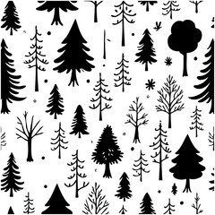 A Black and White Seamless Pattern of Various Tree Silhouettes for Background Designs