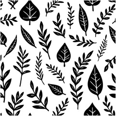 Seamless botanical pattern featuring various stylized leaves and branches illustration