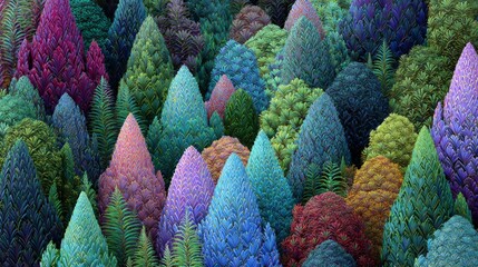 Fototapeta premium Vibrant Colorful Forest Landscape with Unique Tree Shapes and Vivid Colors in Nature