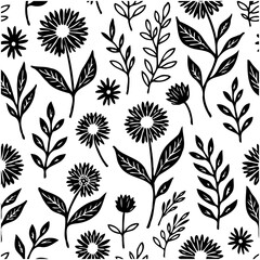 Elegant Hand-Drawn Floral Pattern in Black and White for Textile and Wallpaper
